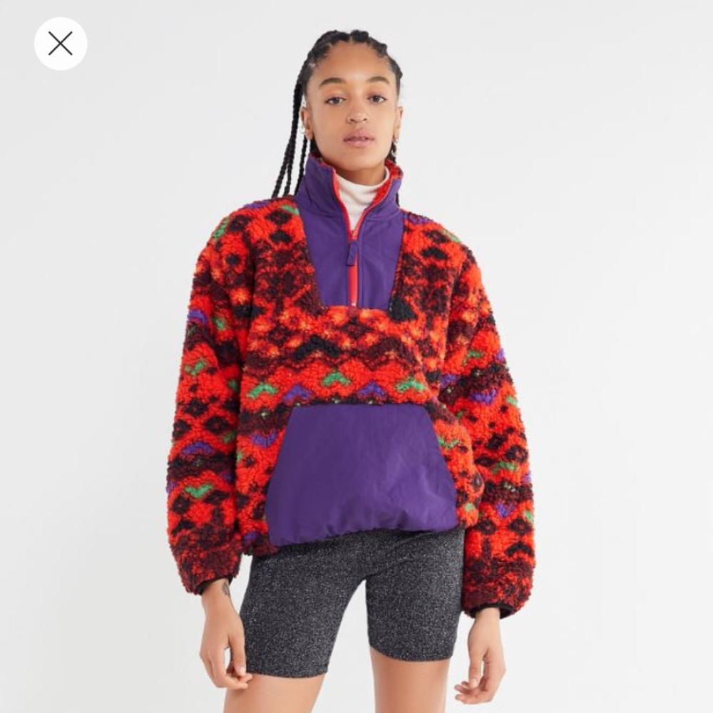 UO Sherpa Fleece Popover Jacket - Red Multi